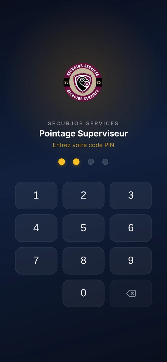 Application mobile SecurJob : écran de pointage superviseur protégé par code PIN.