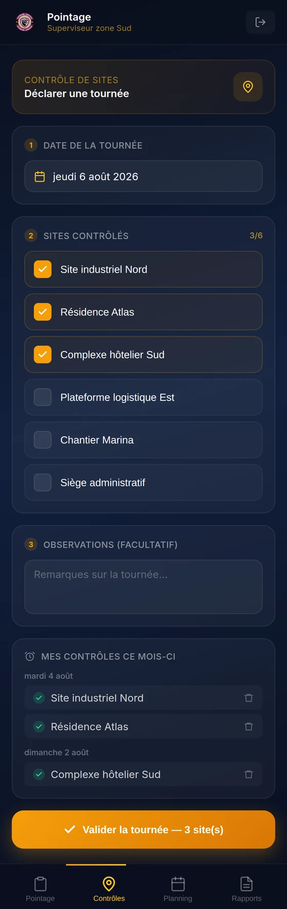 Application mobile SecurJob : déclaration d’une tournée de contrôle, avec la liste des sites visités et l’historique des contrôles du mois.