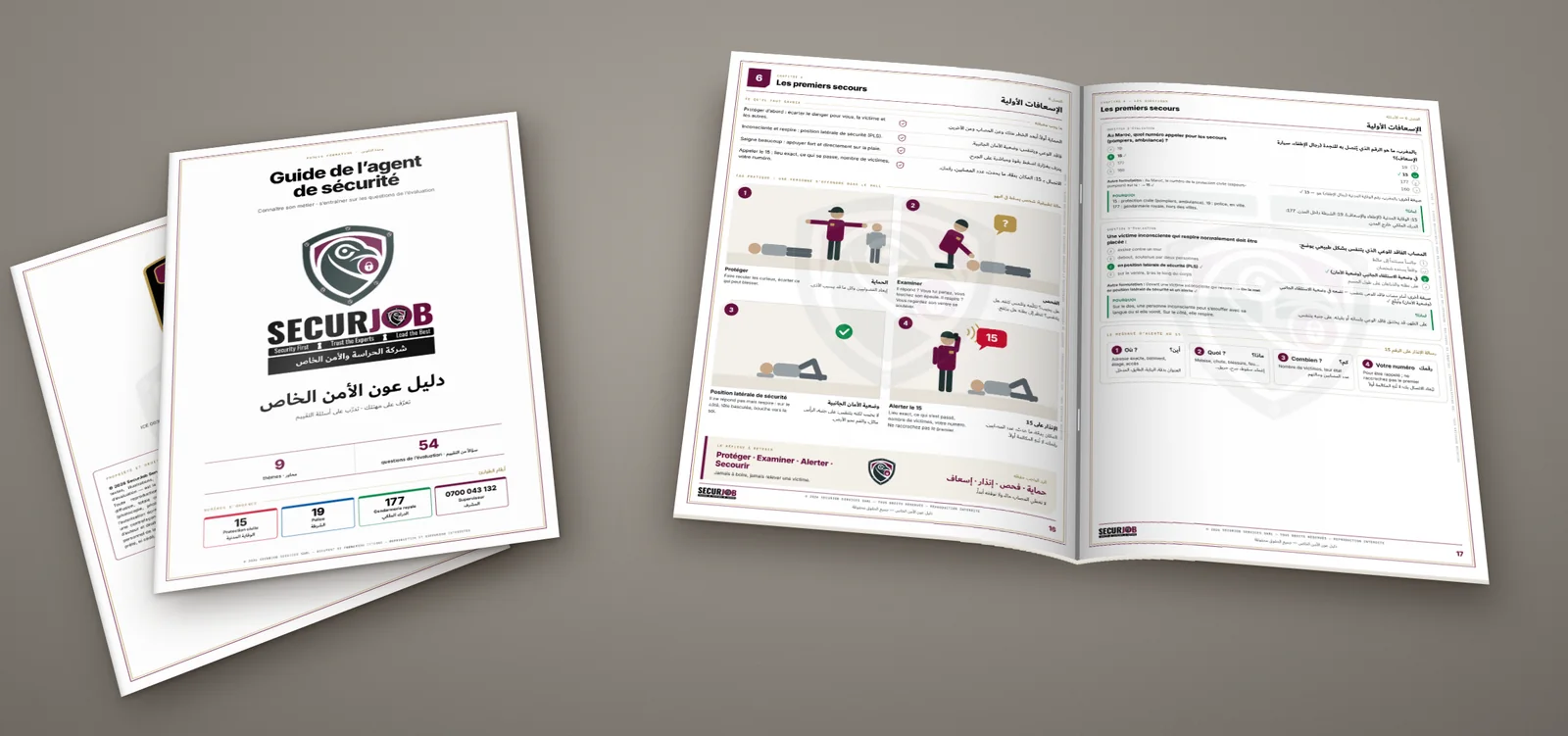 Le Guide de l’agent de sécurité SecurJob, fermé et ouvert sur le chapitre des premiers secours